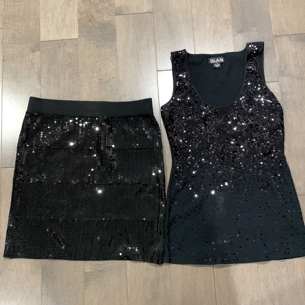 Glam, black sequin skirt and tank top set, size: L